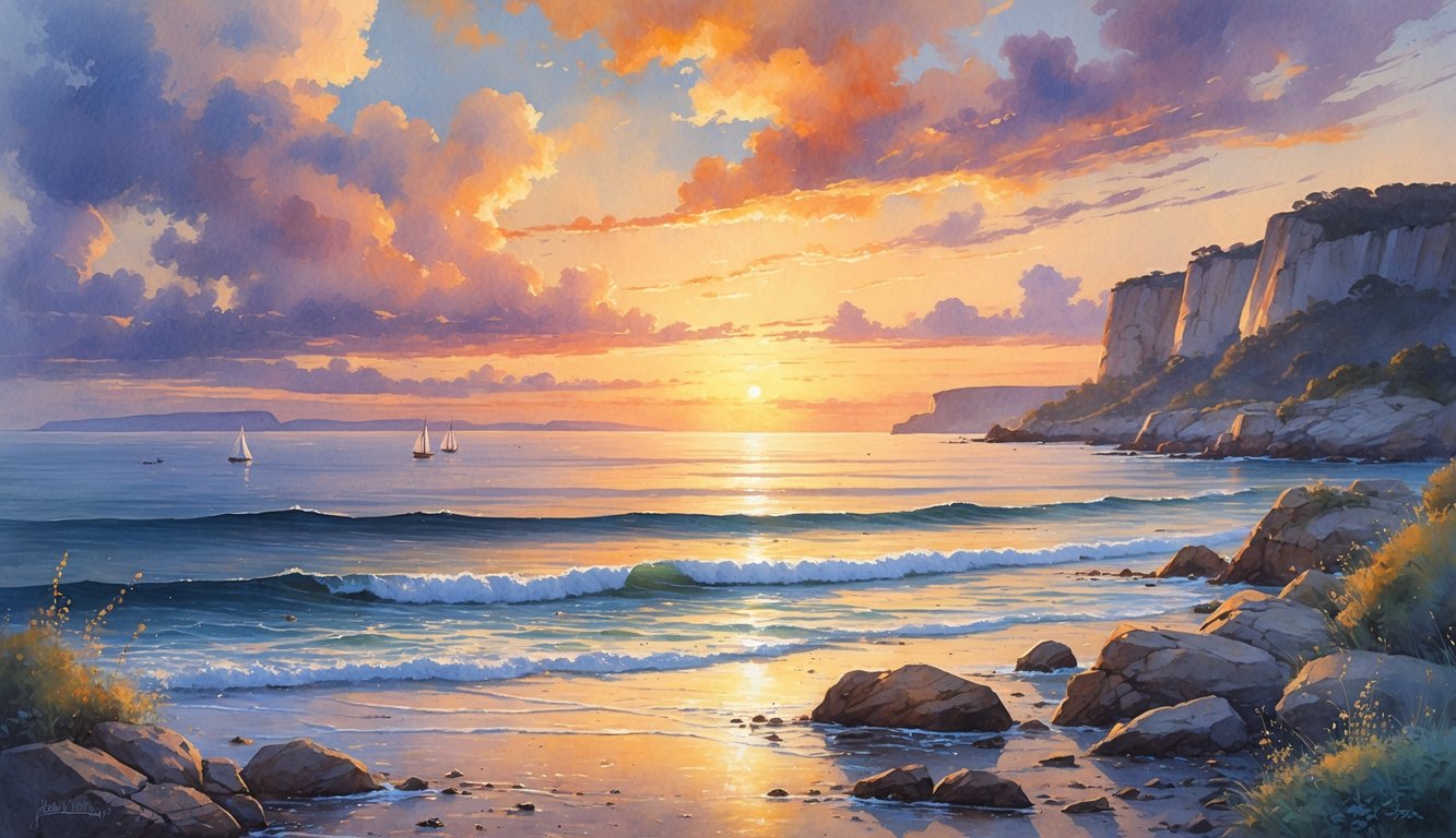 A coastal scene at sunset with rocky shore, calm water, distant cliffs, and sailboats under a colorful sky.