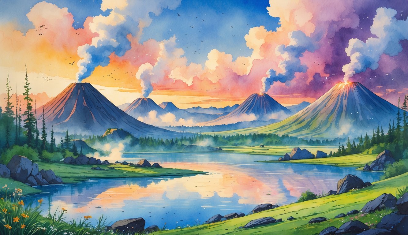 A landscape showing several volcanoes with smoke rising, surrounded by greenery, a lake, and a colorful sunset sky.