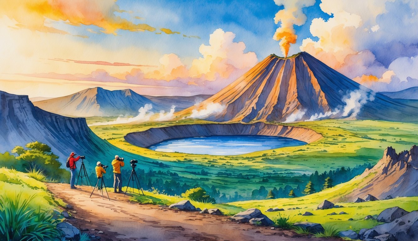 A scenic view of a volcano with smoke rising from its crater, surrounded by greenery and rocks, with photographers setting up cameras along a path under a colorful sky.