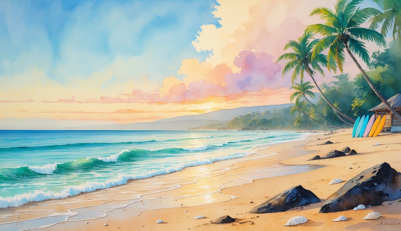 A peaceful Hawaiian beach with palm trees, gentle waves, surfboards on the sand, and a calm ocean under a sunset sky.