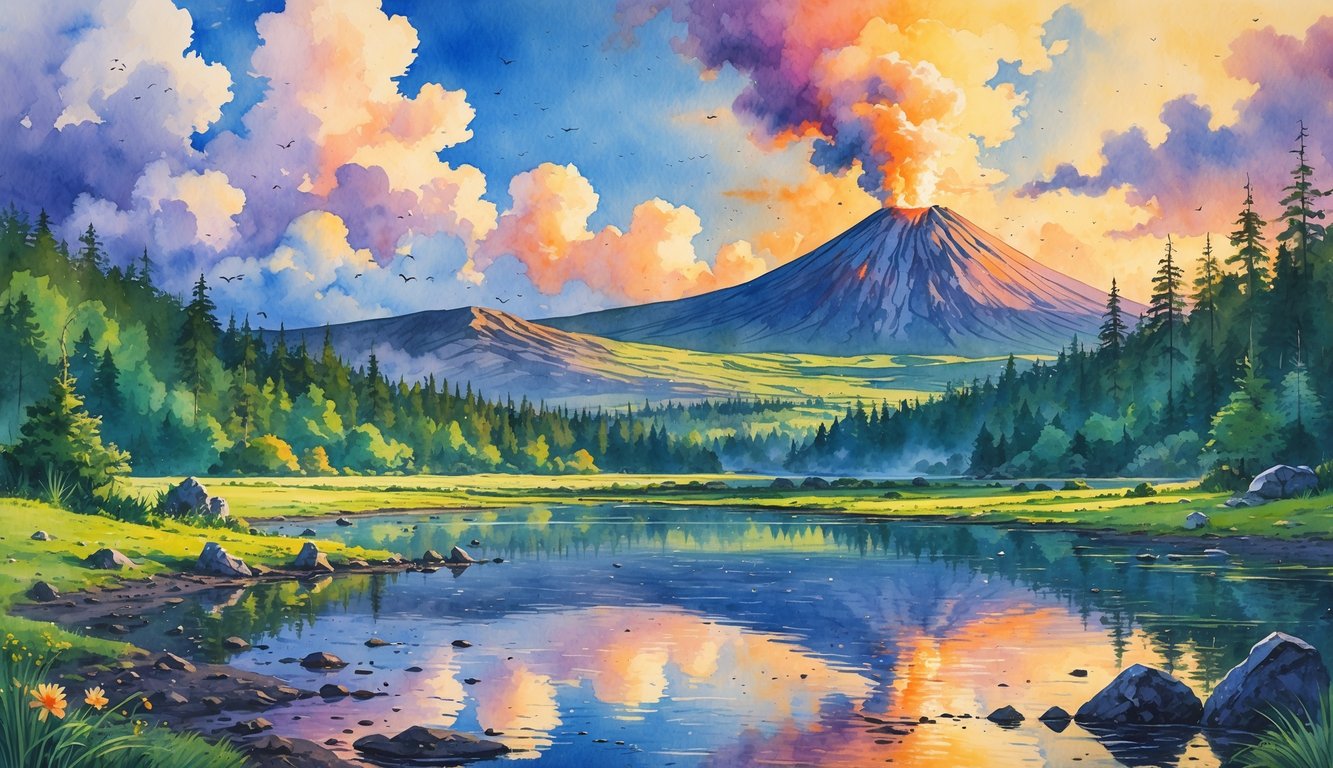 A volcano with smoke rising from its crater surrounded by forests and rocky terrain, with a lake reflecting the volcano and a colorful sky.