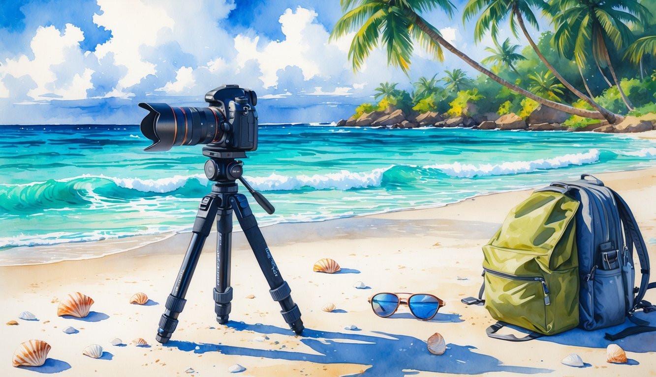 A beach scene with a camera on a tripod set up on sand near palm trees and ocean waves.