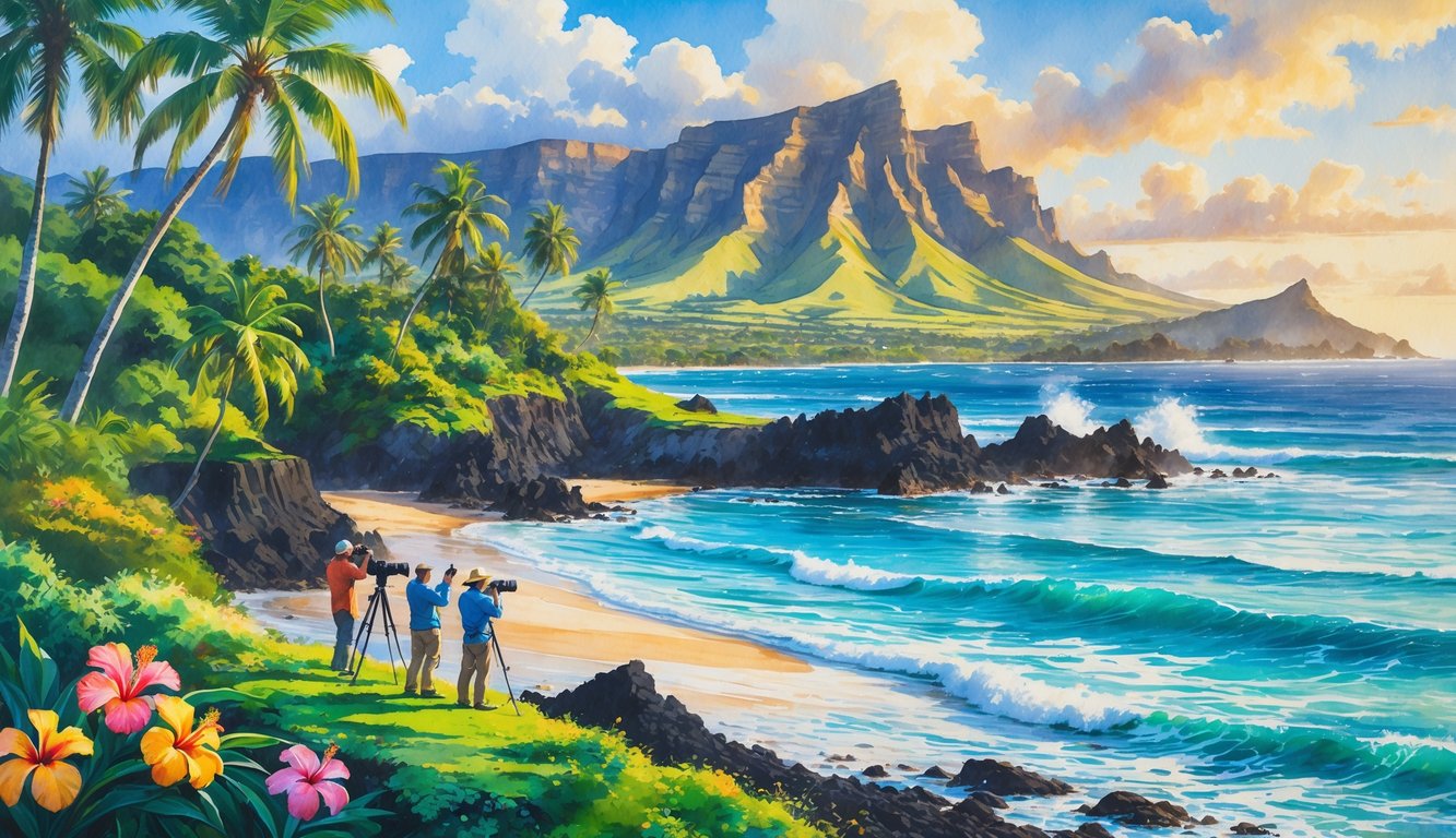 A coastal Hawaiian landscape with palm trees, volcanic rocks, ocean waves, mountains, and photographers taking pictures.