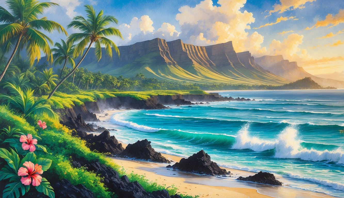 A tropical Hawaiian landscape with palm trees, colorful flowers, volcanic mountains, and a beach with waves crashing on rocks.