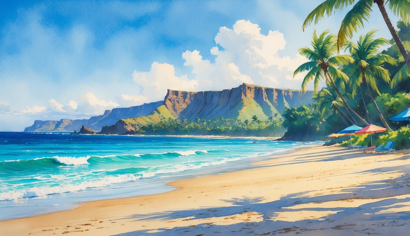 A peaceful beach scene with sandy shore, palm trees, gentle ocean waves, and distant volcanic cliffs under a clear sky.