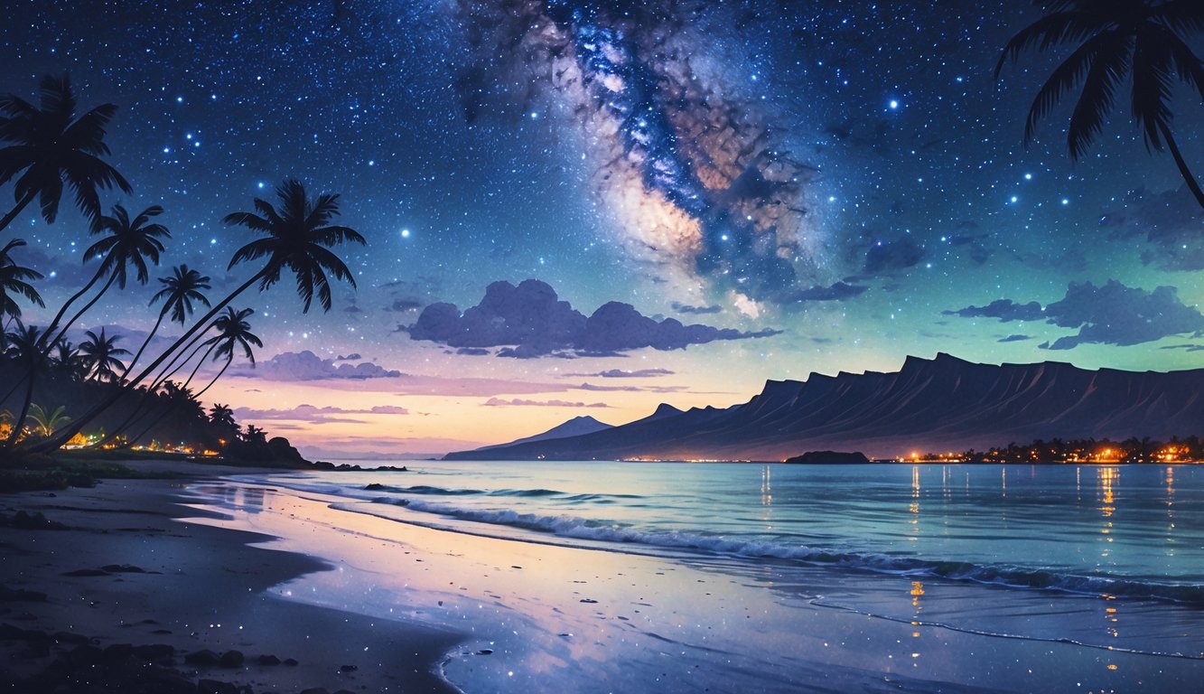 A nighttime beach scene in Hawaii with palm trees, calm ocean waves, distant mountains, and a star-filled sky with the Milky Way visible.