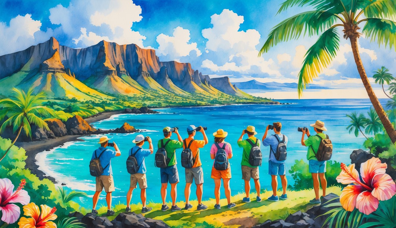 A group of tourists with cameras exploring Hawaii's mountains, palm trees, flowers, and coastline.
