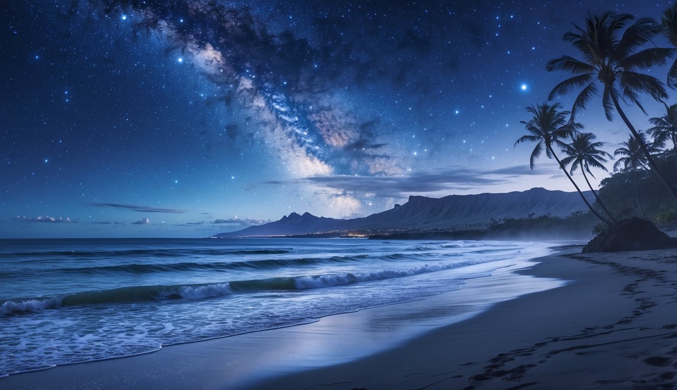 A peaceful Hawaiian beach at night with palm trees, mountains, and a star-filled sky reflecting on the ocean.