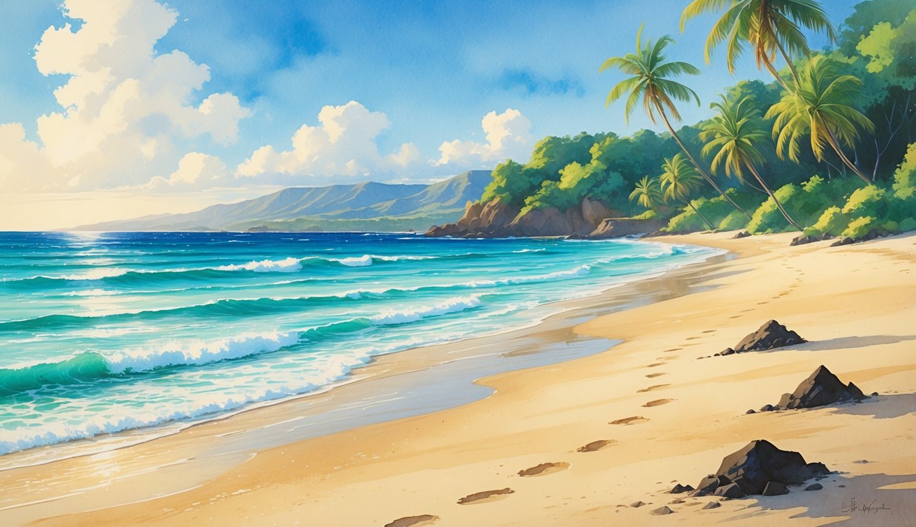 A peaceful beach with sand, ocean waves, palm trees, and distant mountains under a clear sky.