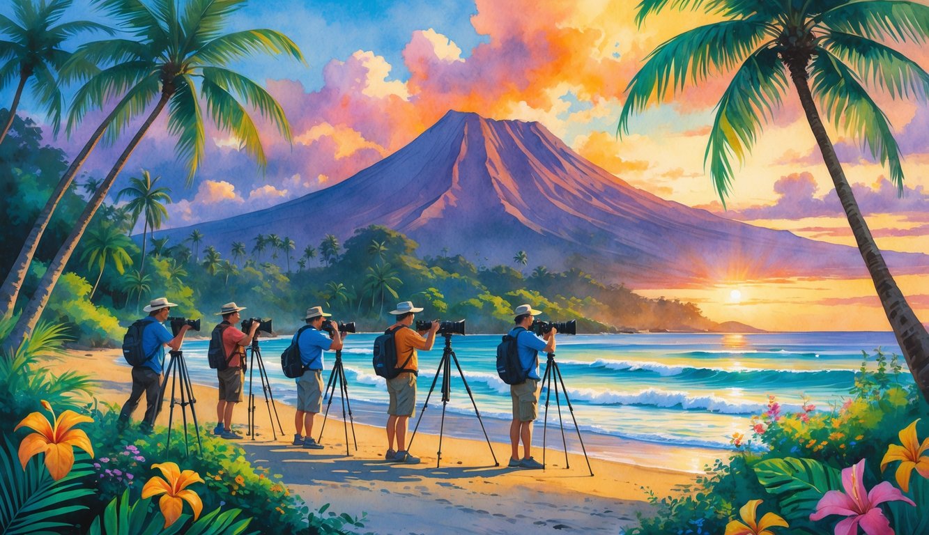 A group of photographers on a tropical beach with palm trees, a volcanic mountain, and a colorful sunset over the ocean.