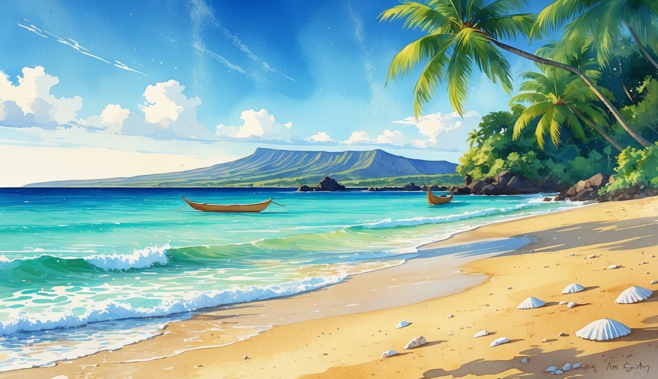 A peaceful Hawaiian beach with golden sand, turquoise water, palm trees, and distant mountains under a blue sky.