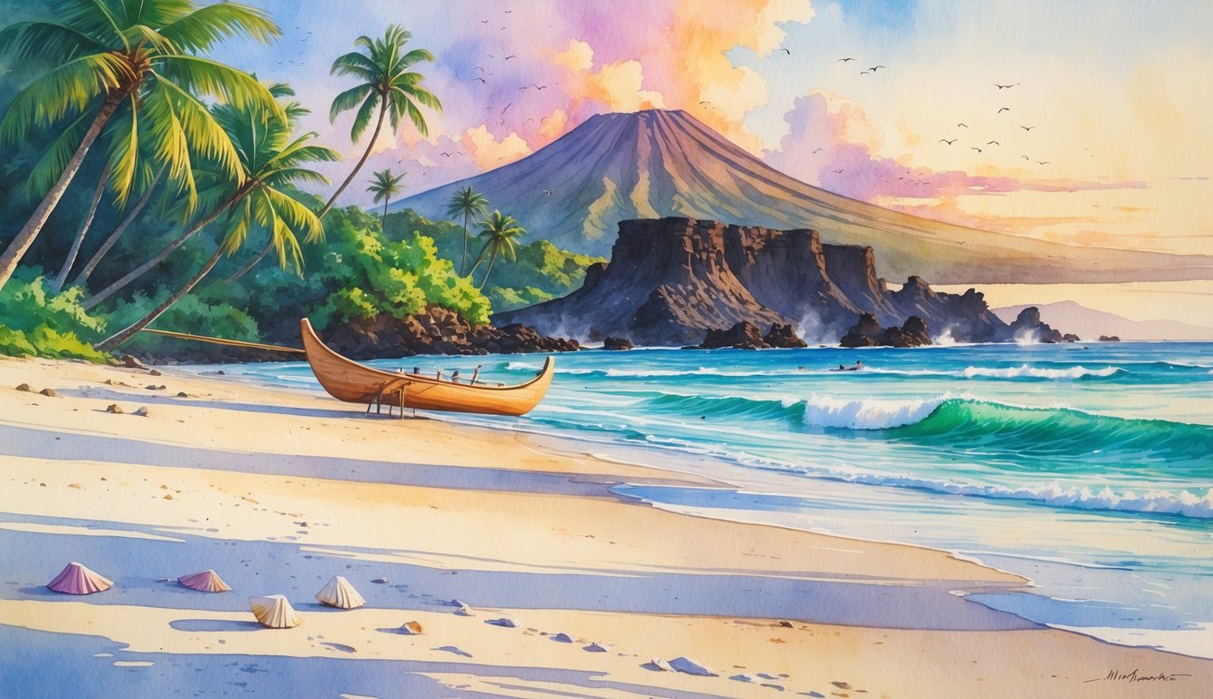 A peaceful Hawaiian beach with palm trees, a traditional canoe, rocky lava formations, a wooden tiki statue, distant volcanic mountains, and seabirds flying over gentle waves at sunrise.