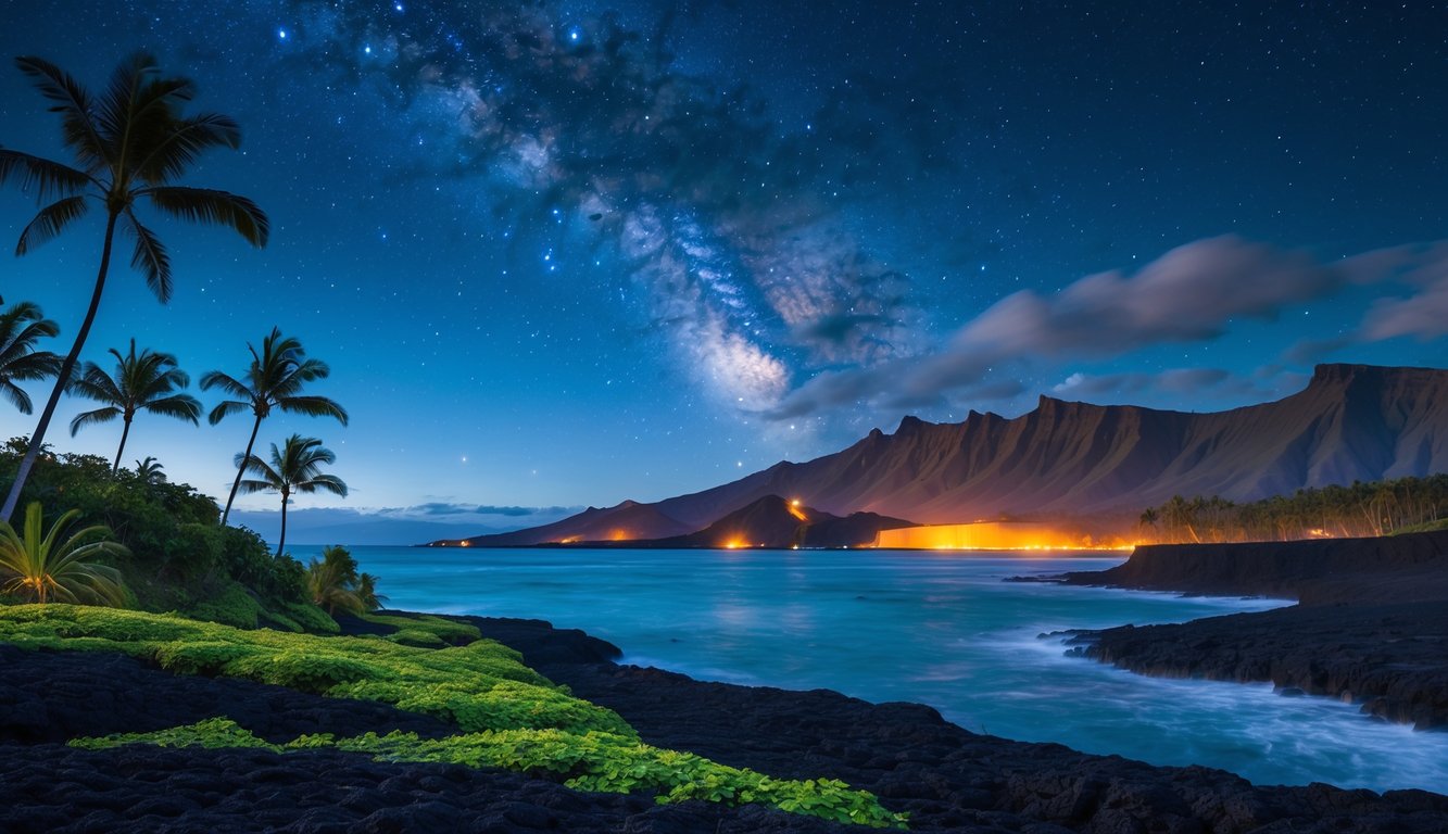 A nighttime view of Hawaii featuring starry sky, palm trees, calm ocean, and distant volcanic mountains.