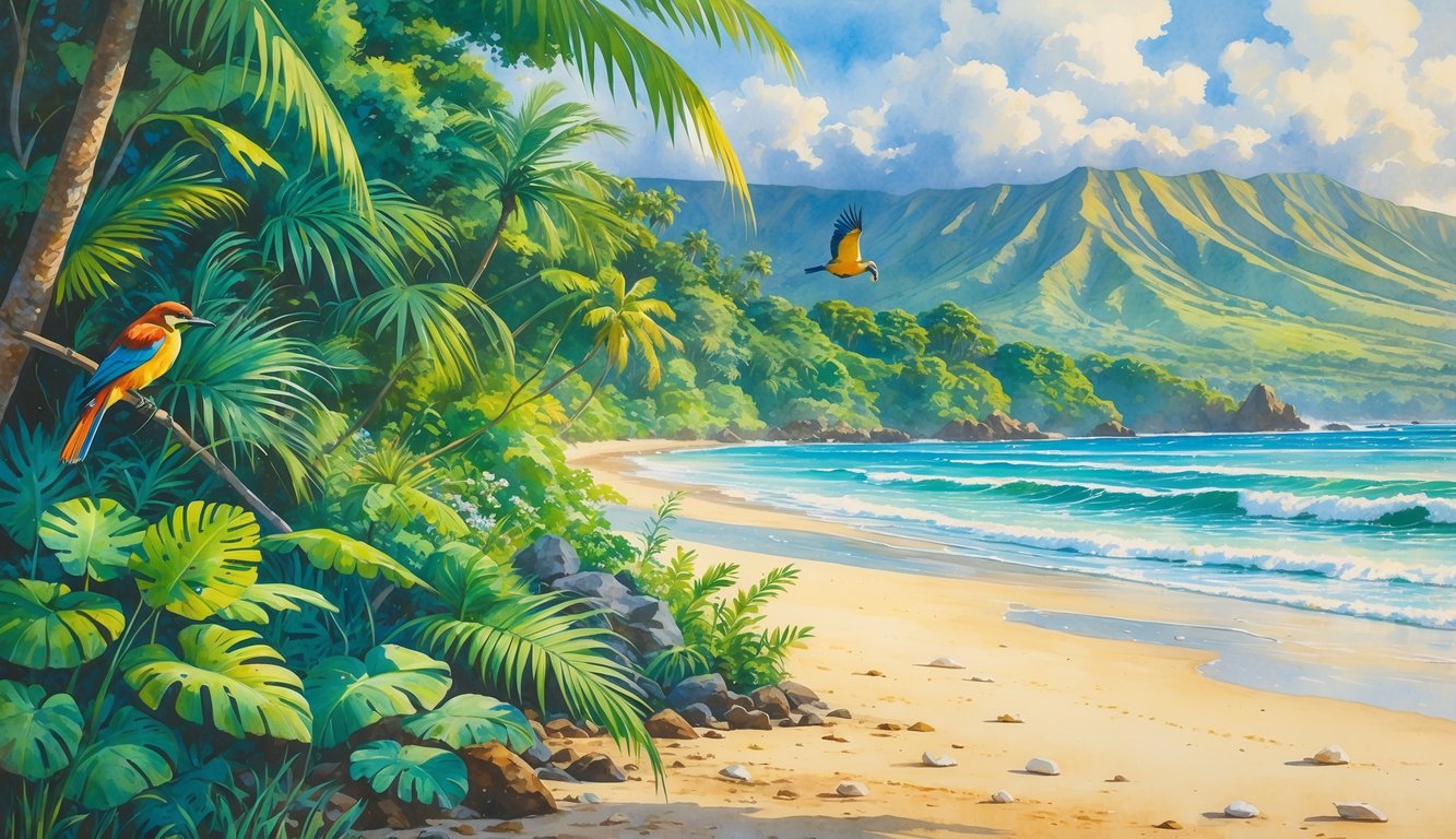 A lush Hawaiian rainforest with tropical plants and native birds next to a sandy beach with gentle waves and distant mountains.