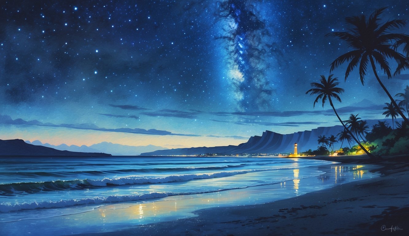 A nighttime beach scene on Oahu with palm trees, a starry sky, a glowing Milky Way, a distant lighthouse, and faint city lights along the coastline.