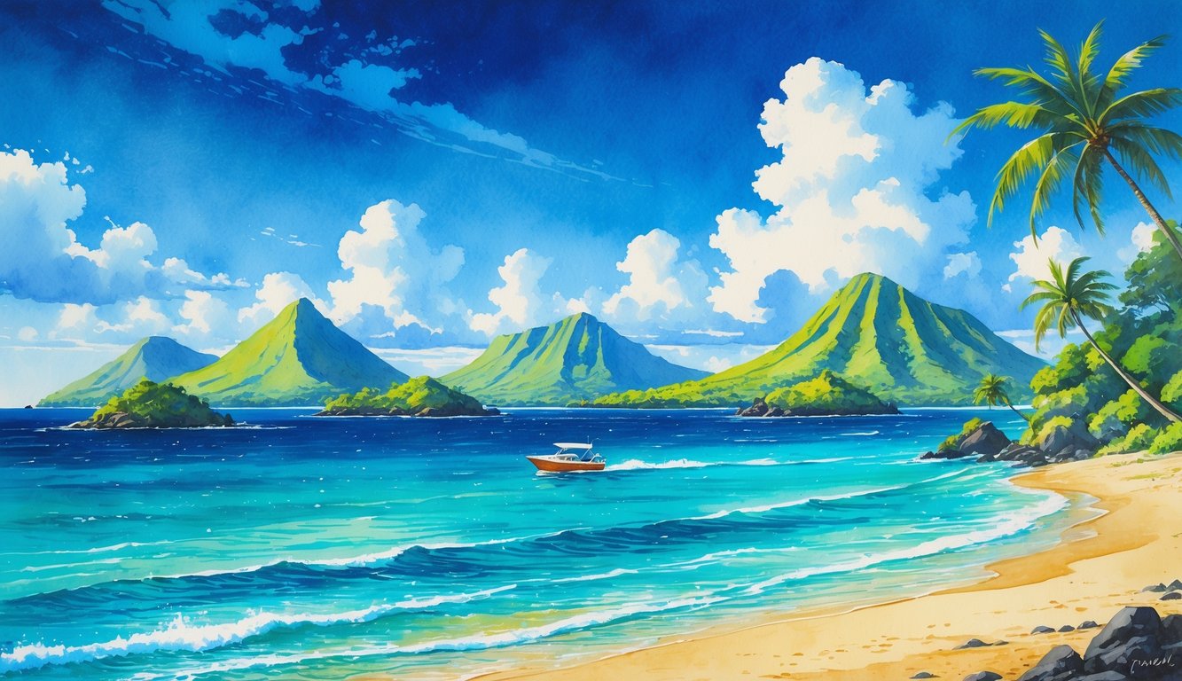 A tropical beach with palm trees, clear blue water, and several small islands in the distance under a bright sky.