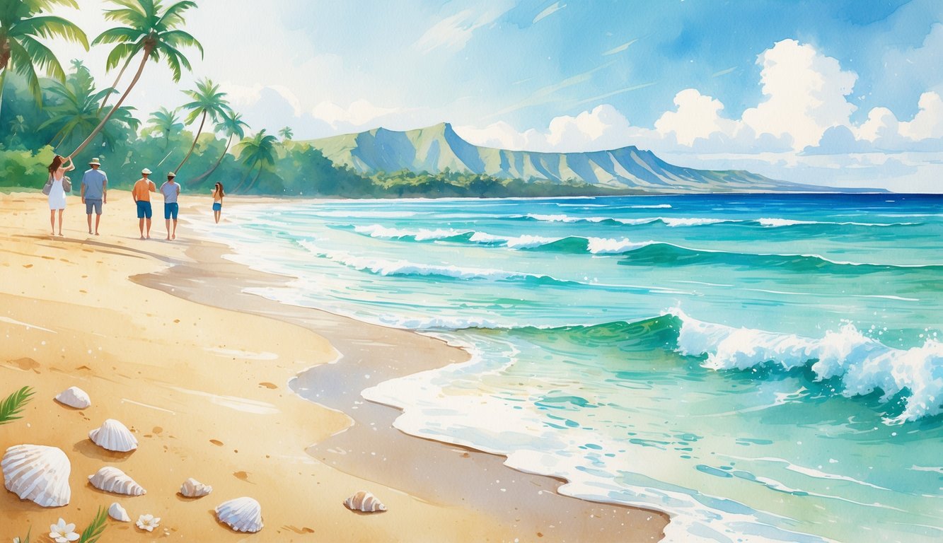 A peaceful Hawaiian beach with golden sand, turquoise waves, palm trees, mountains in the distance, and people walking along the shore.