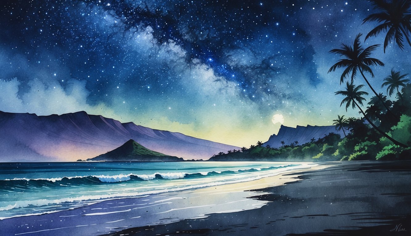 A nighttime view of Maui with stars in the sky, mountains, tropical trees, and the ocean reflecting starlight.