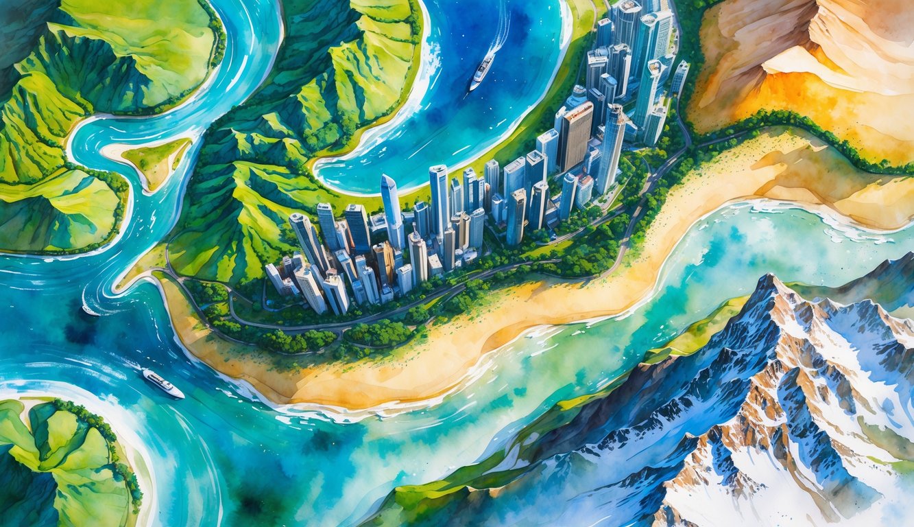 An aerial view showing mountains, rivers, a coastal city, desert dunes, rainforest canopy, and snow-capped peaks.