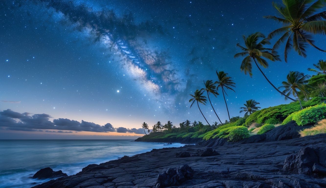 A nighttime scene on Hawaii's Big Island with starry sky, volcanic rocks, palm trees, and calm ocean reflecting the stars.