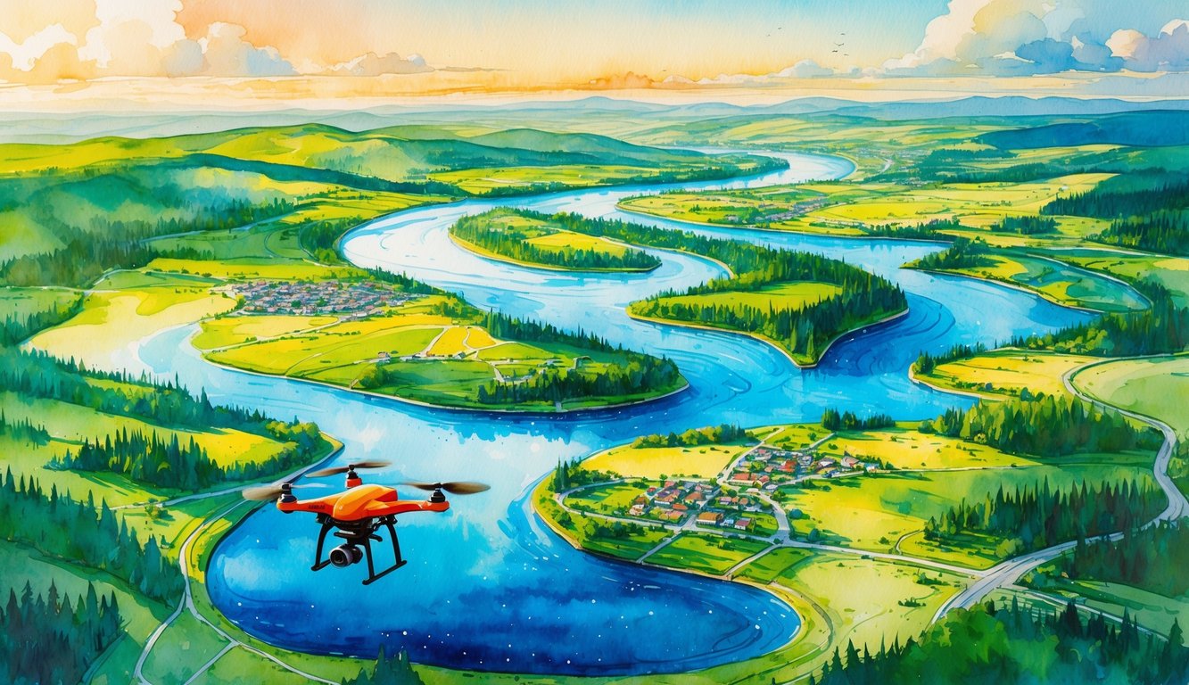 Aerial view of forests, rivers, lakes, small towns, and roads with a drone flying above capturing the landscape.