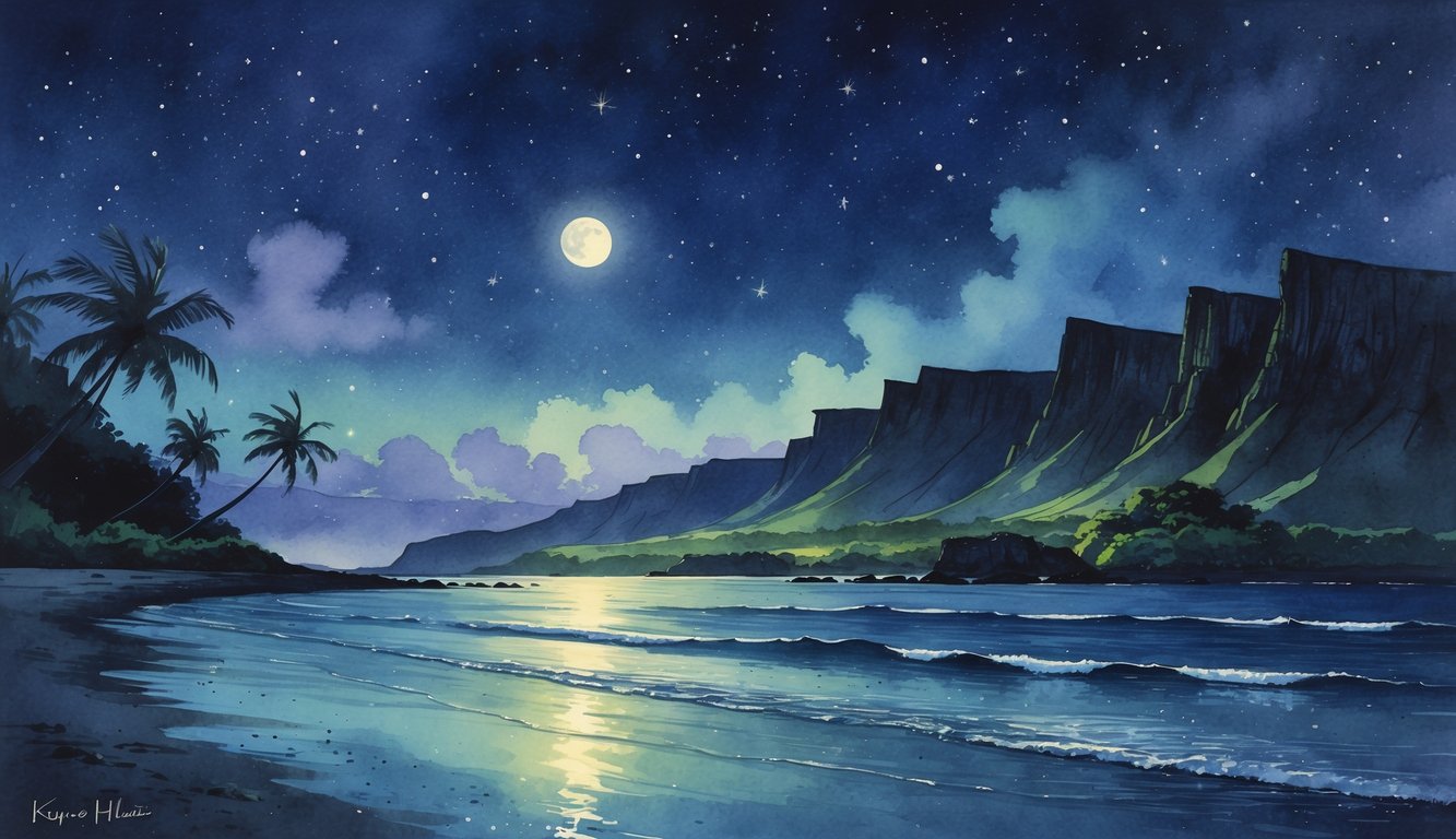 A peaceful nighttime beach scene on Kauai with palm trees, cliffs, a crescent moon, and stars reflected on calm ocean water.