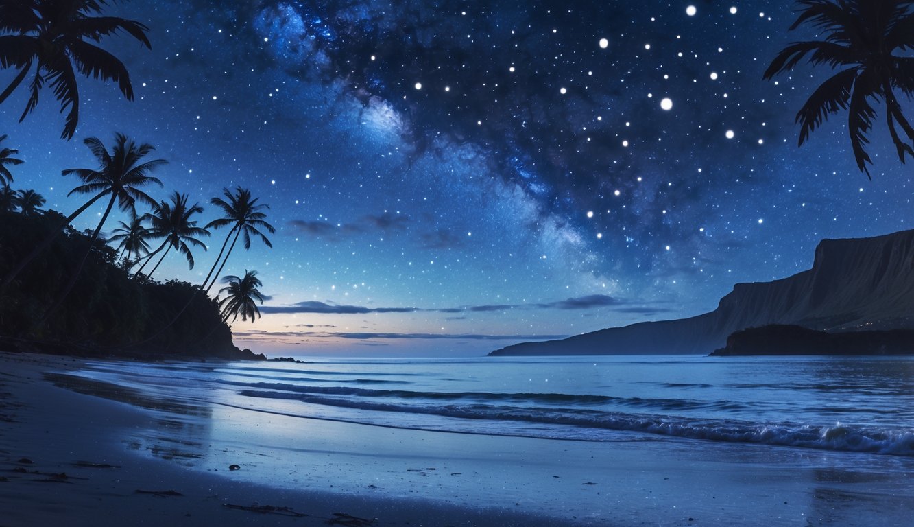 A quiet Hawaiian beach at night with palm trees, calm ocean waves, and a star-filled sky.