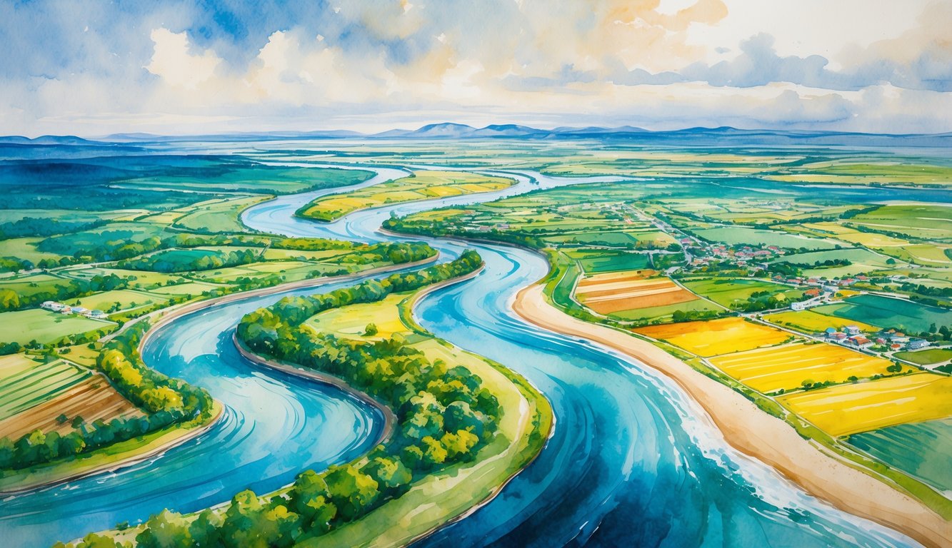 Aerial view of a river flowing through forests, colorful fields, small towns, and mountains in the distance under a cloudy sky.