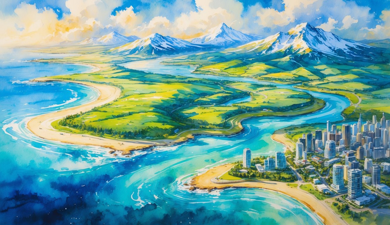 Aerial view showing a coastline, forest, mountains, and city with roads and buildings under warm sunlight.