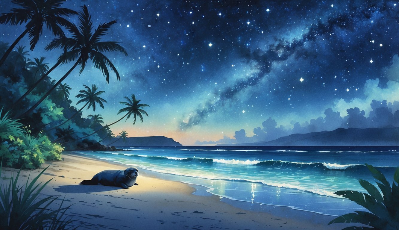 A nighttime beach scene in Hawaii with palm trees, a resting seal on the shore, calm water reflecting stars, and a clear starry sky overhead.