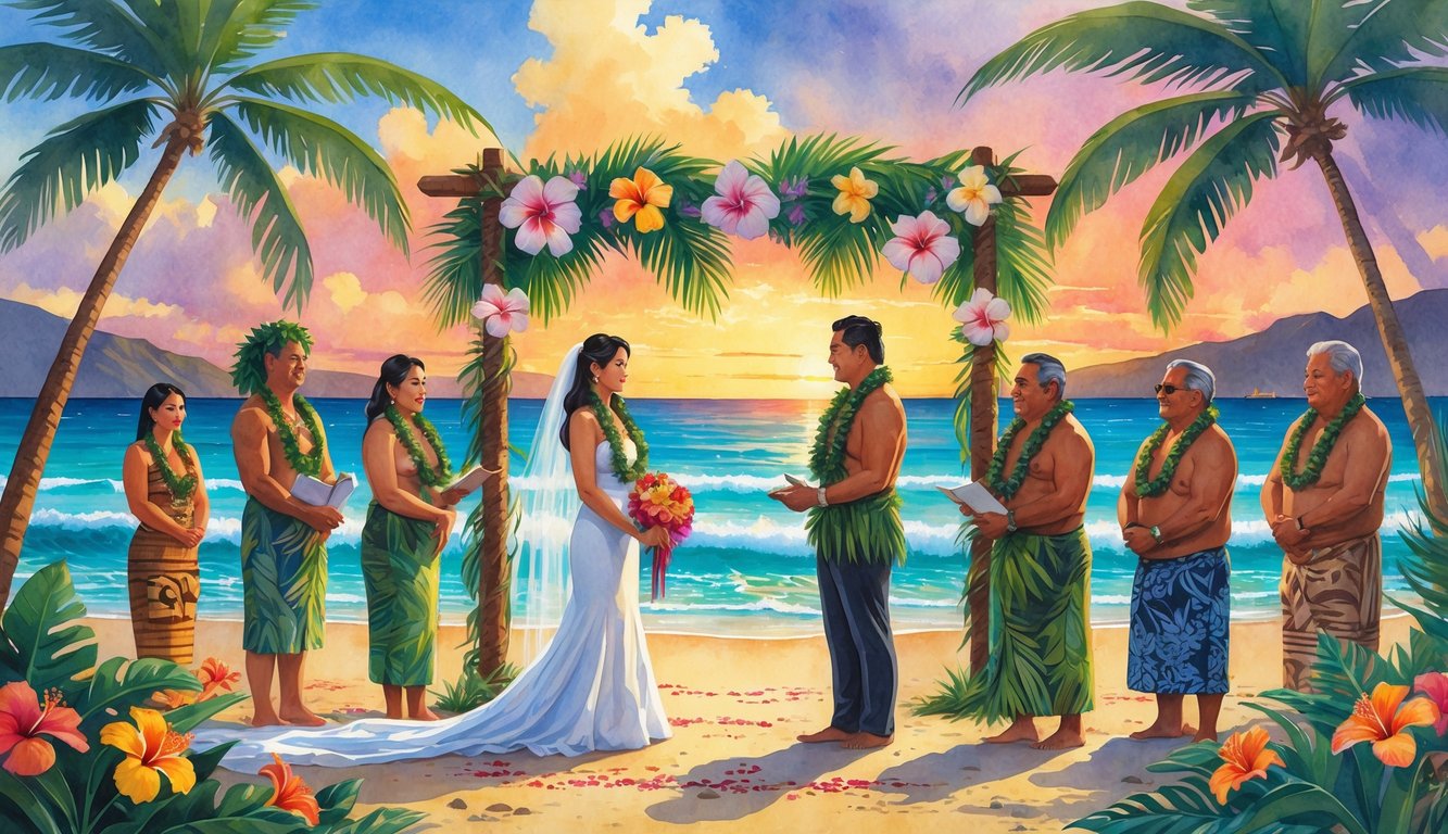 A bride and groom in traditional Hawaiian wedding attire stand on a tropical beach surrounded by family, palm trees, and flowers with the ocean and sunset in the background.