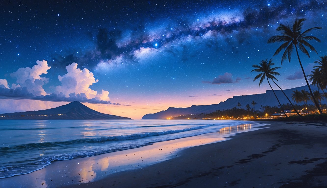 A peaceful night scene of a Hawaiian beach with palm trees, mountains, a starry sky, and glowing lights from a distant village.