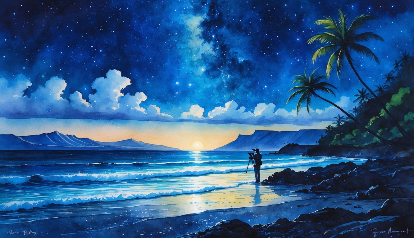 A nighttime coastal scene in Hawaii with palm trees, rocky shore, a star-filled sky, and a photographer capturing the stars.