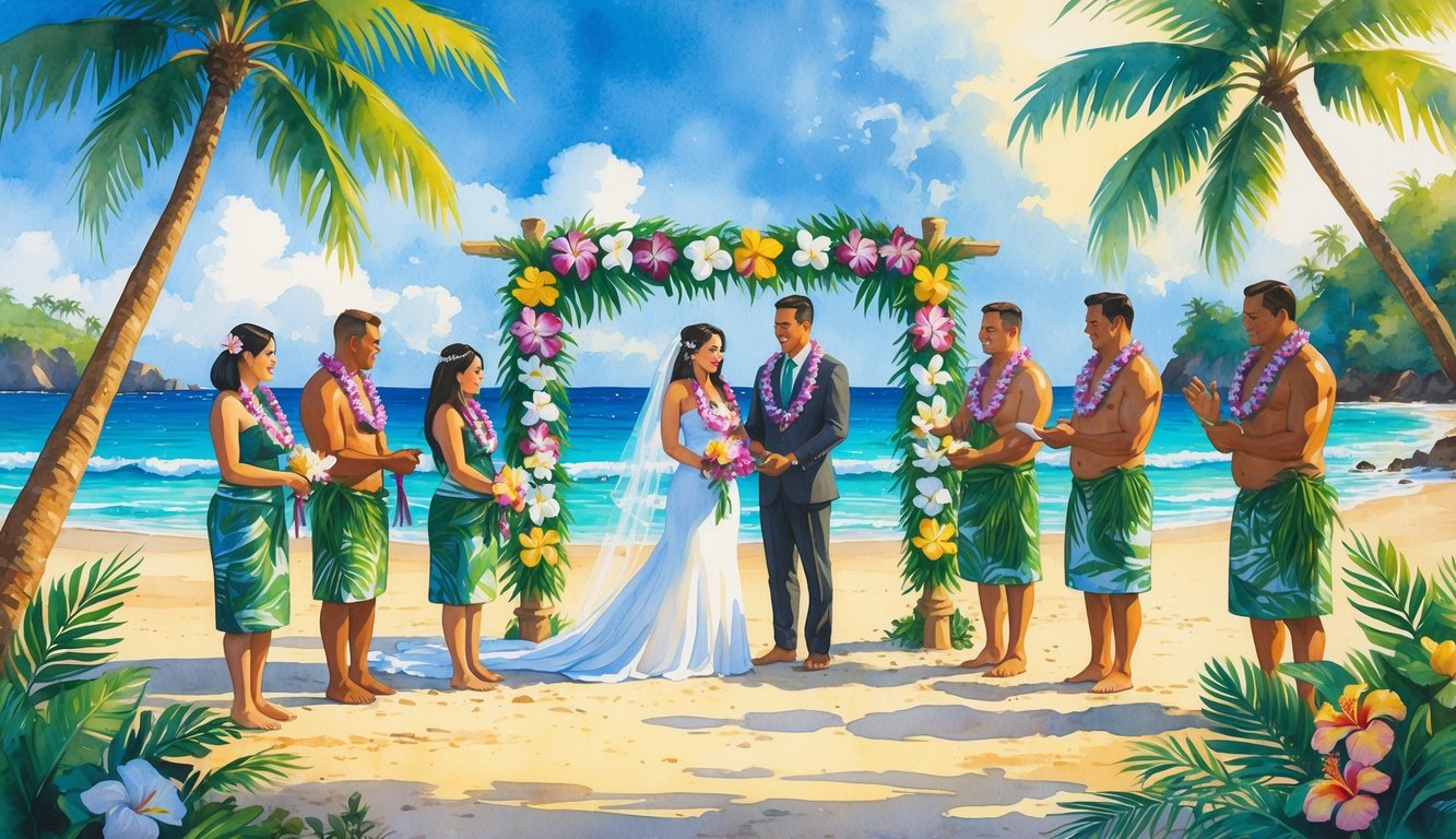 A bride and groom in traditional Hawaiian wedding attire exchange flower leis on a beach surrounded by family, tropical plants, and ocean waves.