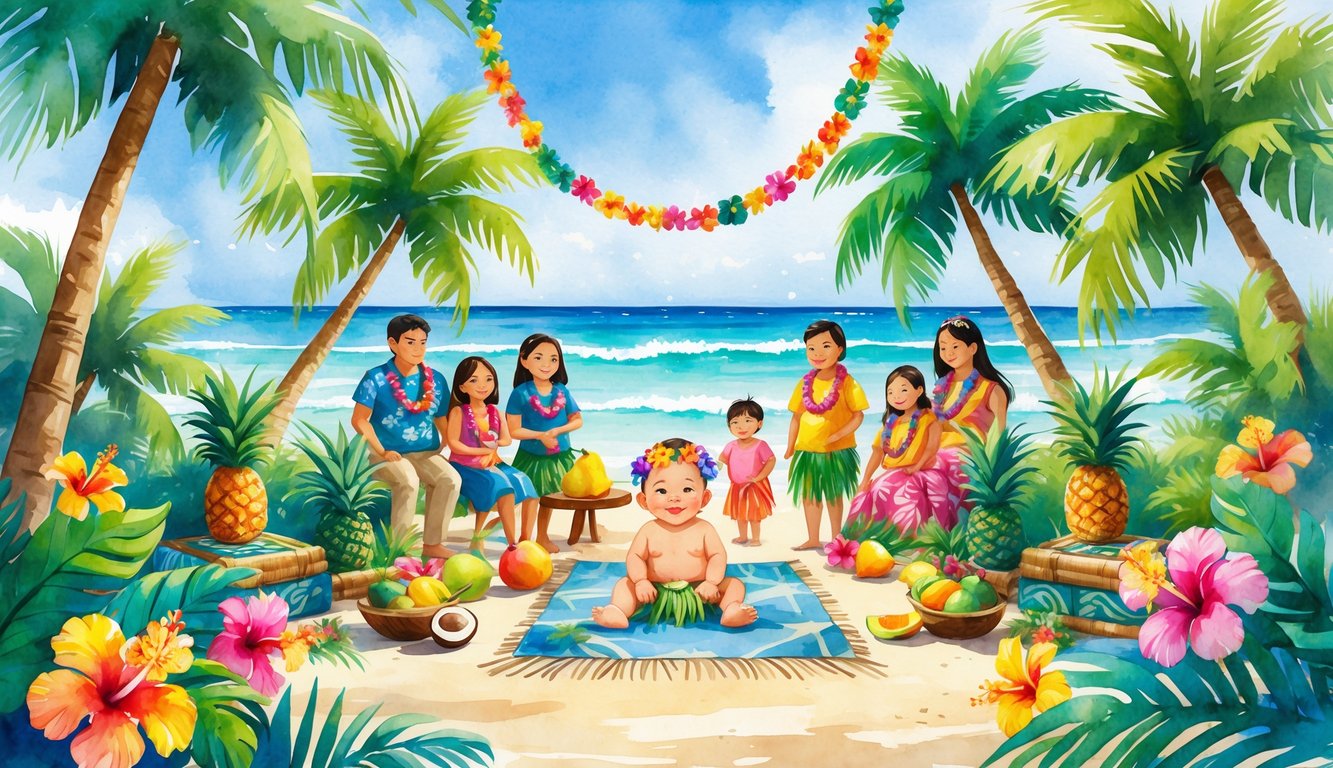 A baby wearing a flower crown and grass skirt sits on a blanket surrounded by family and friends in a tropical outdoor setting with palm trees, flowers, and a table of tropical fruits.