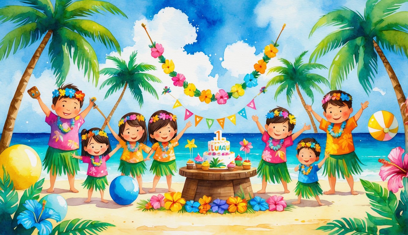 A cheerful outdoor birthday party with families and children celebrating surrounded by tropical decorations, palm trees, and colorful flowers.