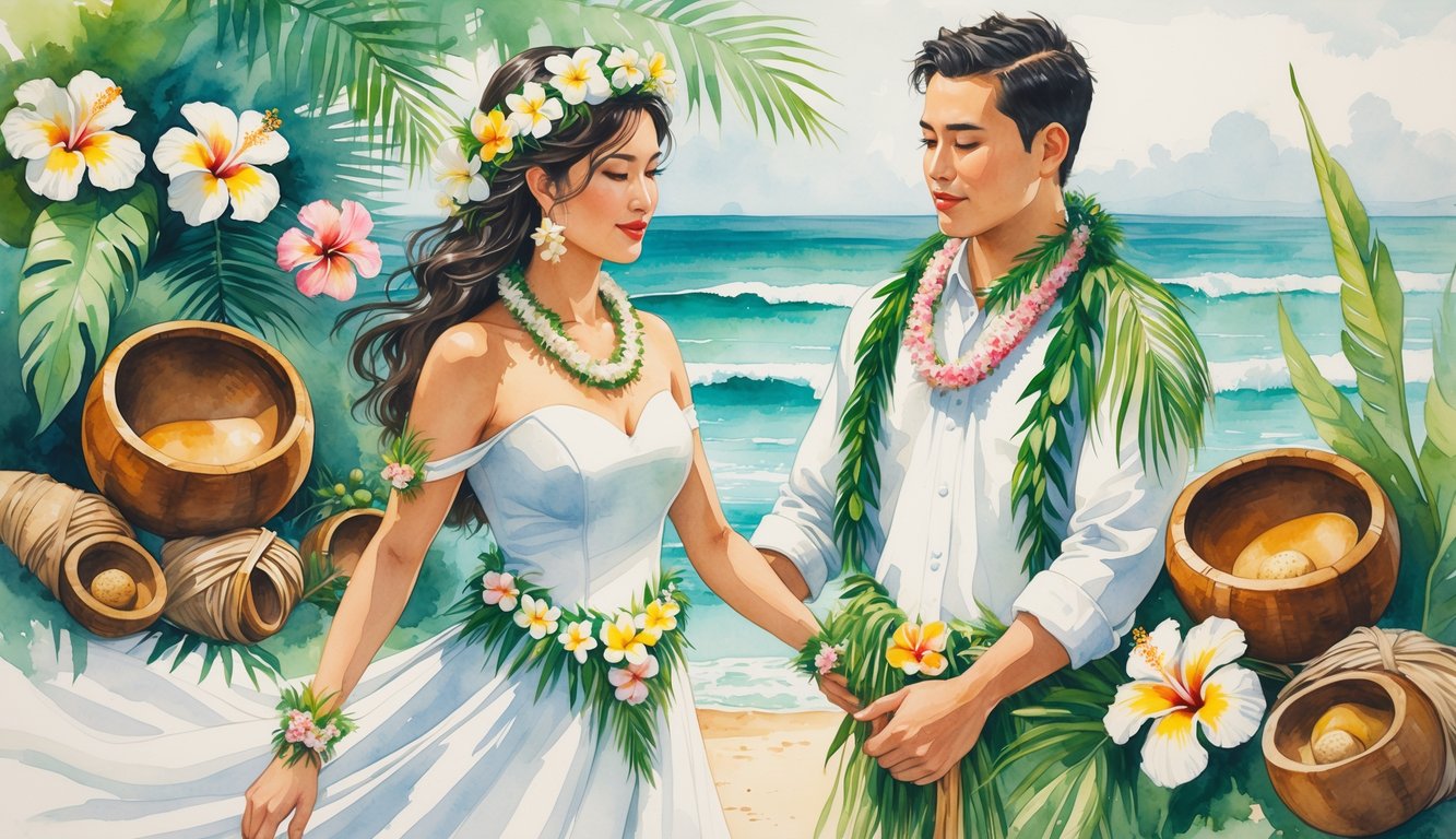 A bride and groom in traditional Hawaiian wedding attire surrounded by tropical flowers and symbolic adornments near the ocean.