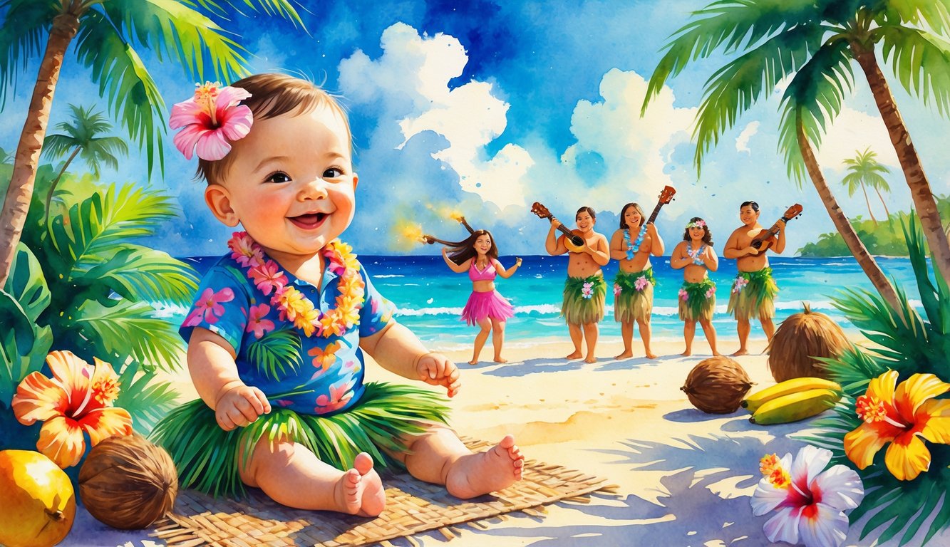A baby dressed in Hawaiian clothes surrounded by people in traditional luau attire on a beach with palm trees, tropical flowers, and the ocean in the background.