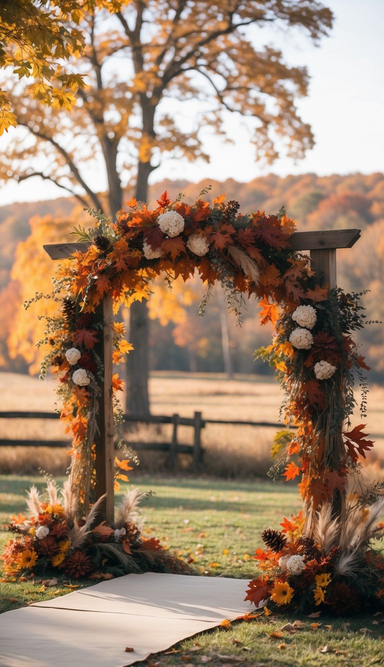 An outdoor wooden arch decorated with colorful autumn leaves and flowers set up for a wedding ceremony.