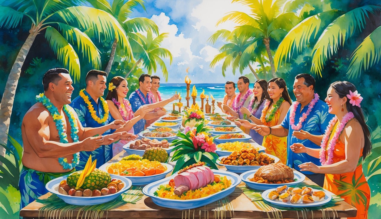 People in colorful clothing enjoying a traditional Hawaiian wedding feast outdoors with tropical dishes on a long table surrounded by palm trees and ocean in the background.