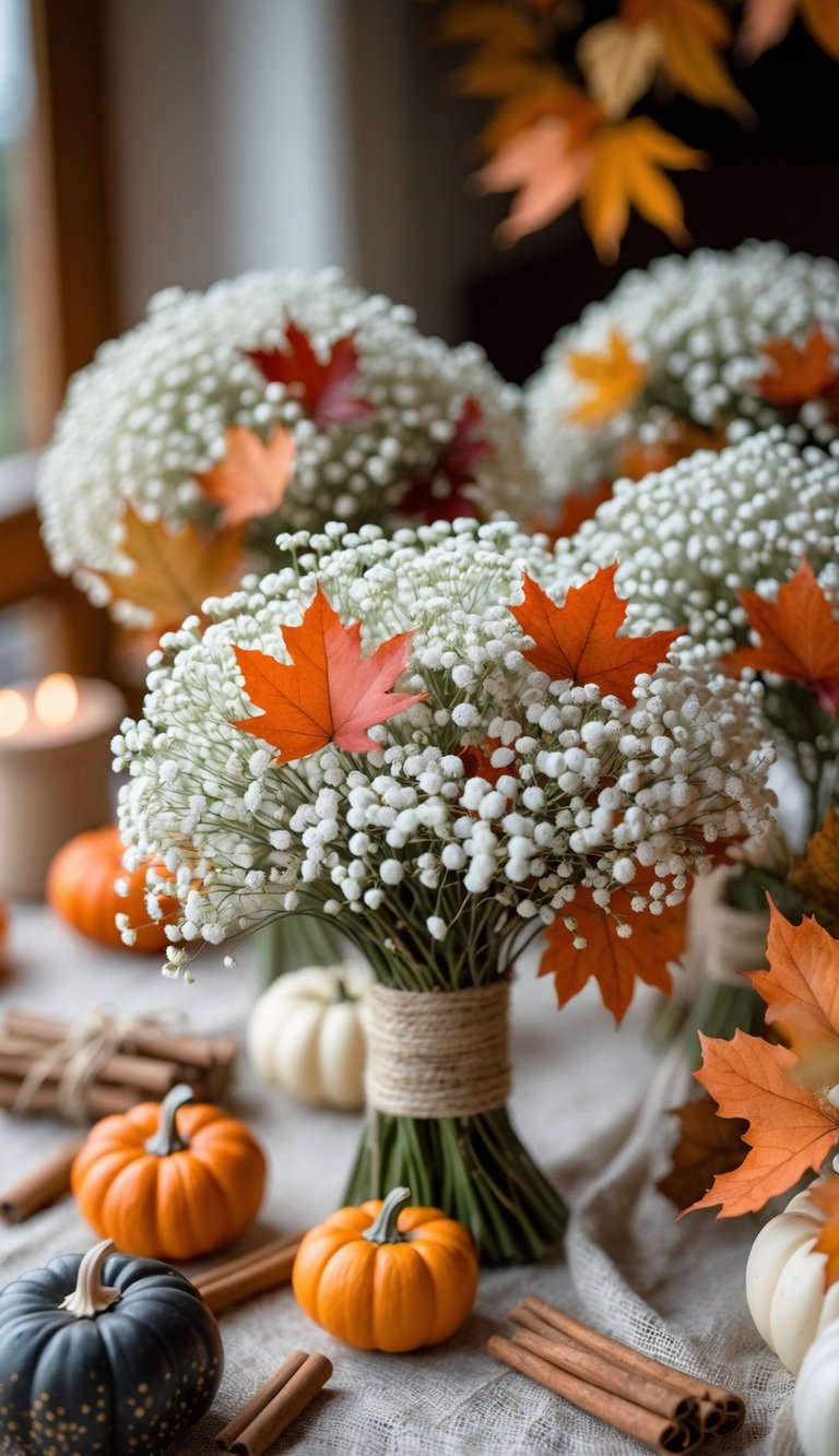 Several white baby's breath bouquets decorated with autumn leaves, small pumpkins, and cinnamon sticks arranged on a table.