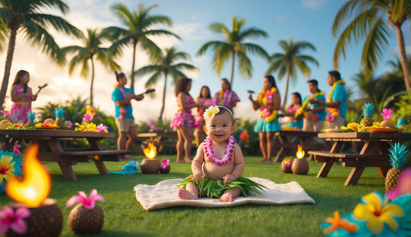 A baby wearing a flower lei and grass skirt sits on a blanket surrounded by tropical decorations while people in Hawaiian attire enjoy a festive outdoor gathering with palm trees and flowers.
