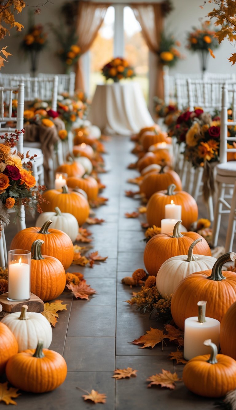 A wedding aisle and reception tables decorated with pumpkins, autumn leaves, candles, and seasonal flowers.