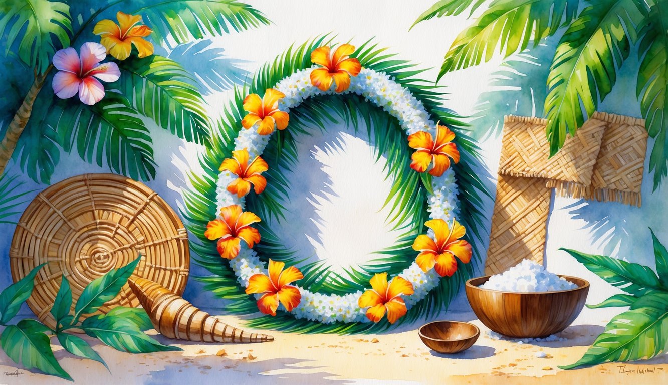 A tropical scene showing Hawaiian wedding symbols including flower leis, ti leaves, a woven mat, a wooden bowl with coconut water, and a conch shell on sand surrounded by lush greenery and flowers.