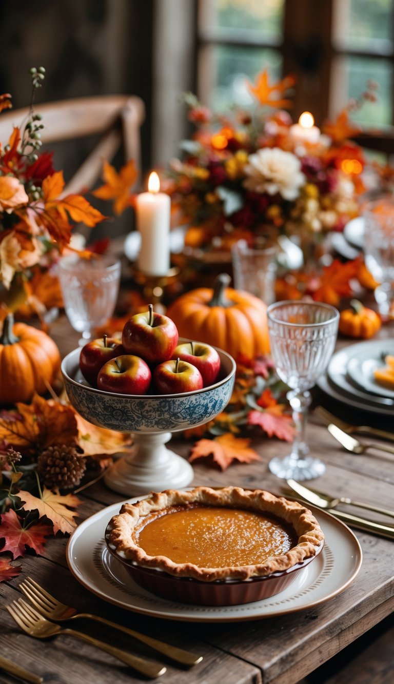 A rustic autumn table setting with caramelized apples, pumpkin pie, fall leaves, small pumpkins, candles, and wedding decor.