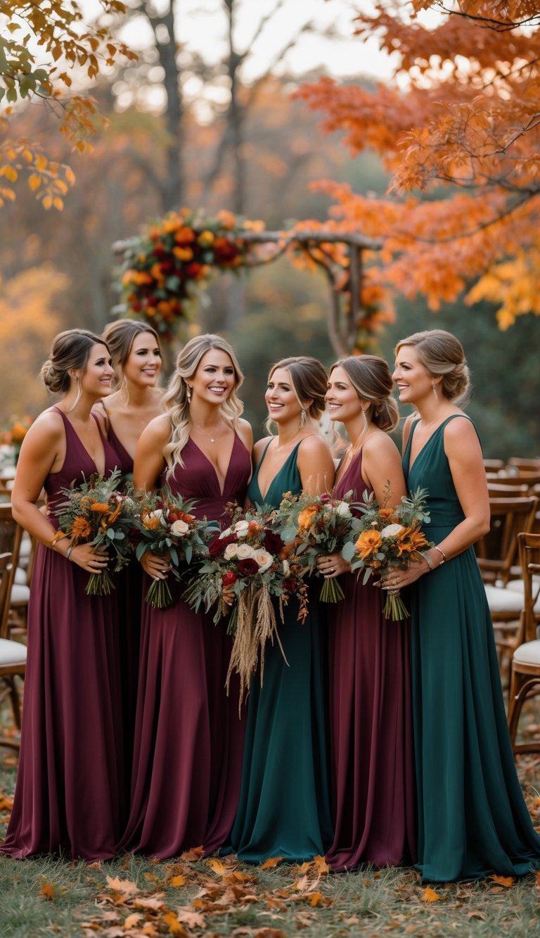 A group of bridesmaids wearing burgundy and forest green dresses standing outdoors surrounded by autumn leaves during an October wedding.