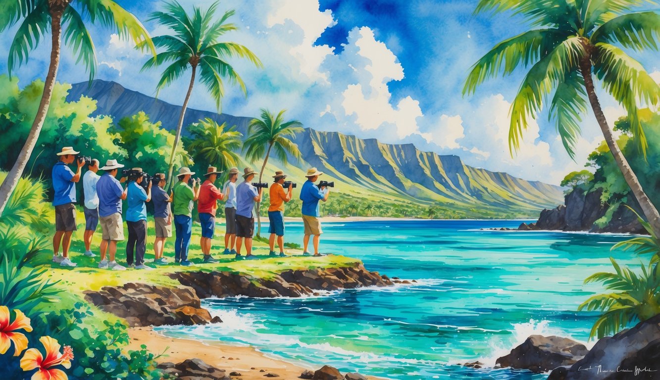 A group of people with cameras in a tropical Hawaiian setting with palm trees, flowers, ocean, and mountains.