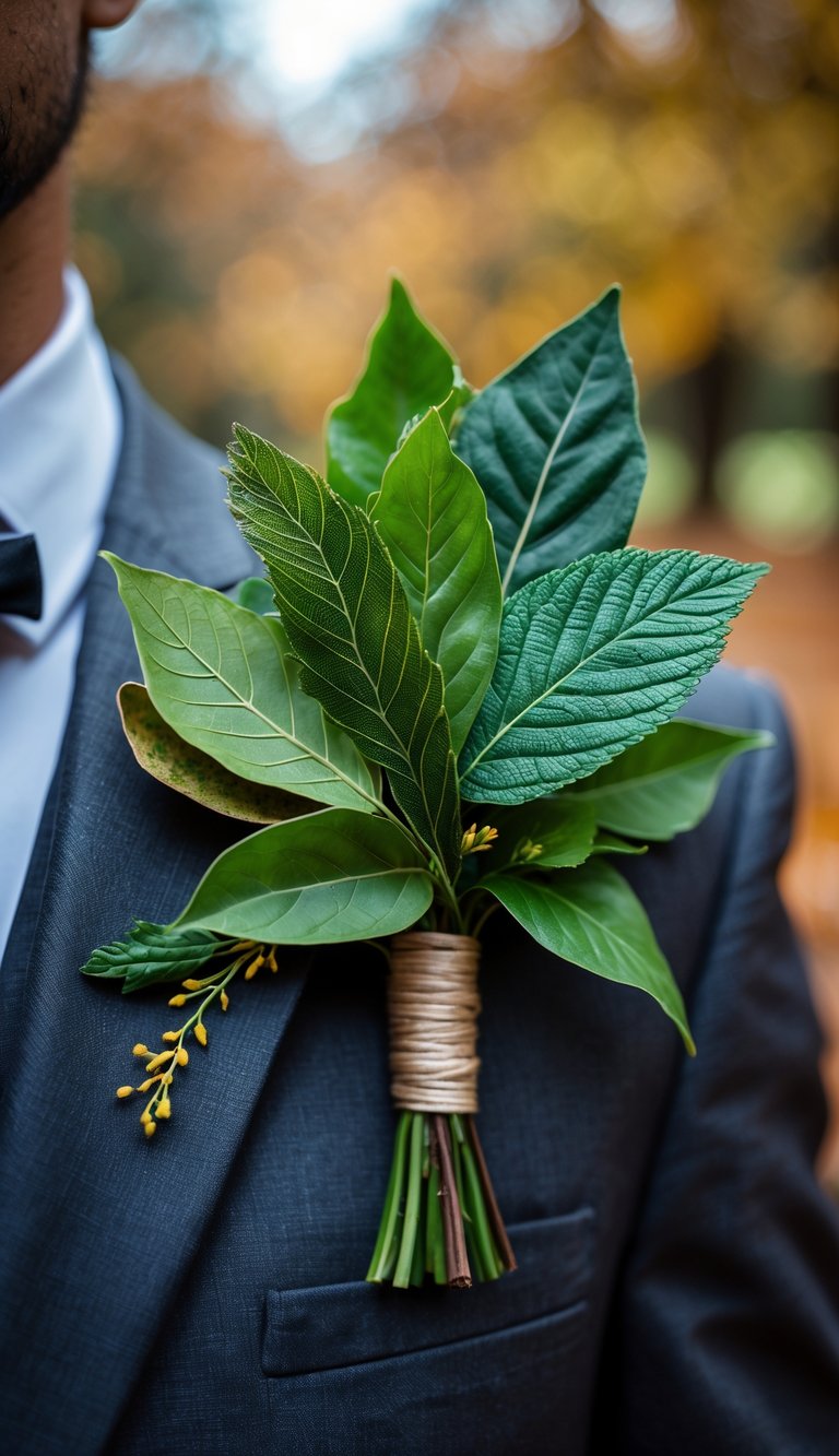 Close-up of a green leaf boutonniere pinned to a dark suit jacket with an autumn outdoor background.