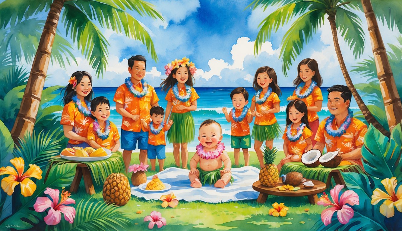 A baby wearing a floral lei and grass skirt sits on a blanket surrounded by family and friends in a tropical garden decorated with palm trees, tiki torches, and flowers.