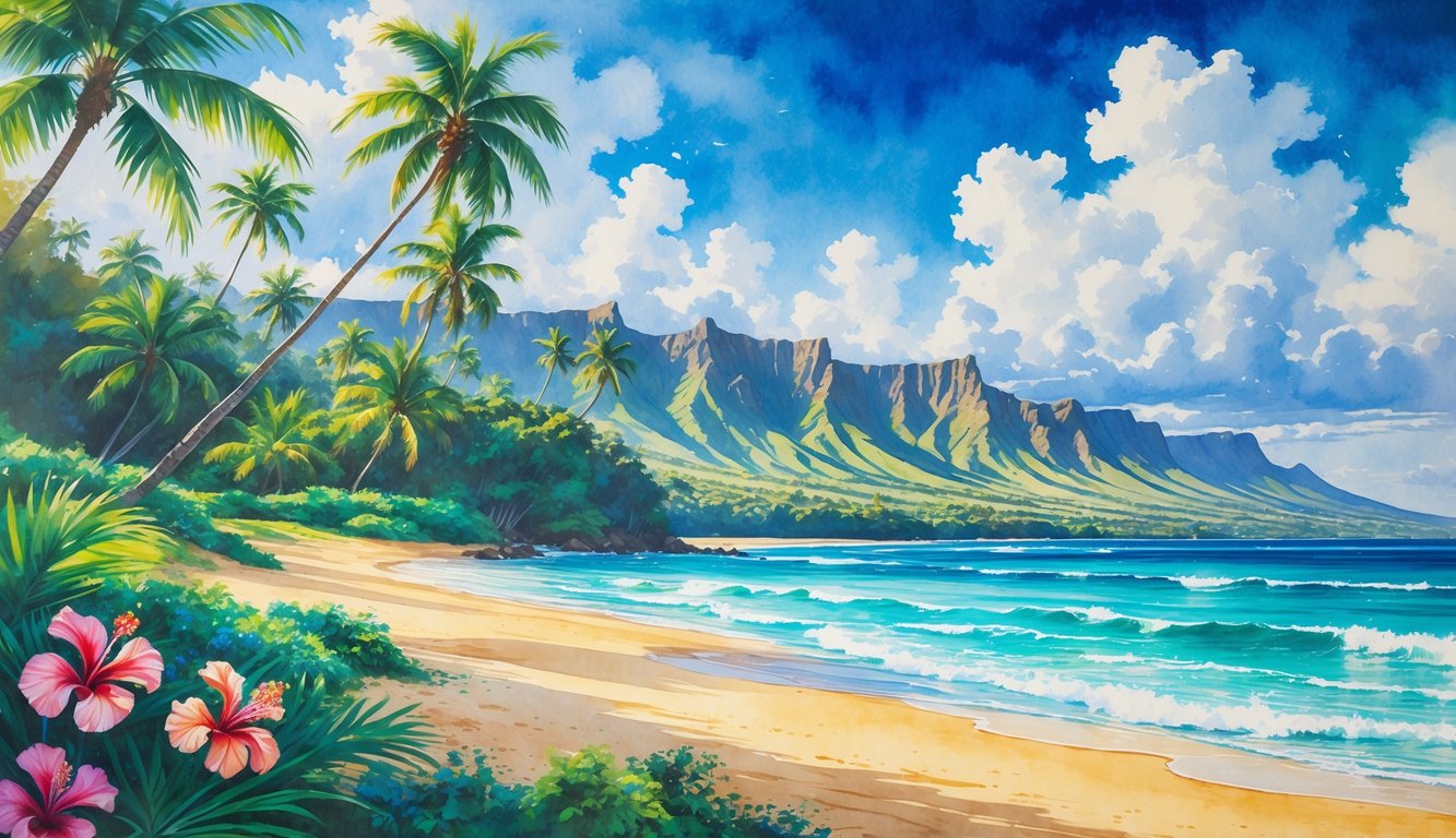 A tropical Hawaiian beach with palm trees, colorful flowers, ocean waves, and volcanic mountains in the background under a bright sky.